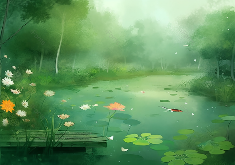 木头小码头古风国风水墨山水池塘树林睡莲荷花朦胧绿色唯美壁纸,插画/手绘图,插画/手绘图库,插画/手绘图下载,插画/手绘